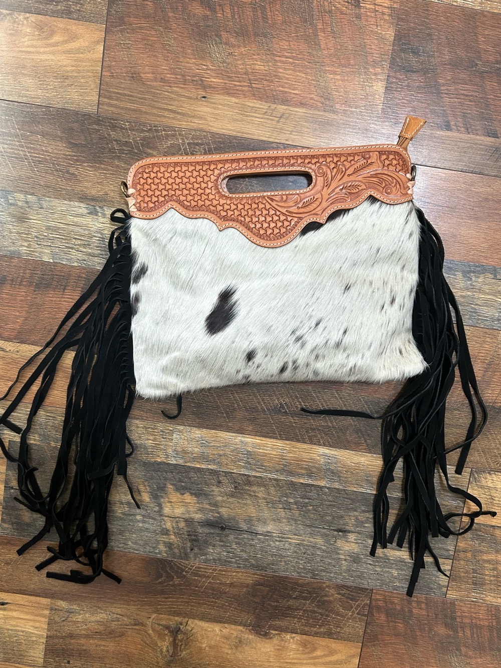 Cowhide Fringe Clutch with Tooled Leather Trim - White & Brown